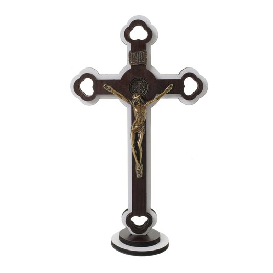 Crucifixo de Mesa com Medalha de São Bento - Branco 26cm