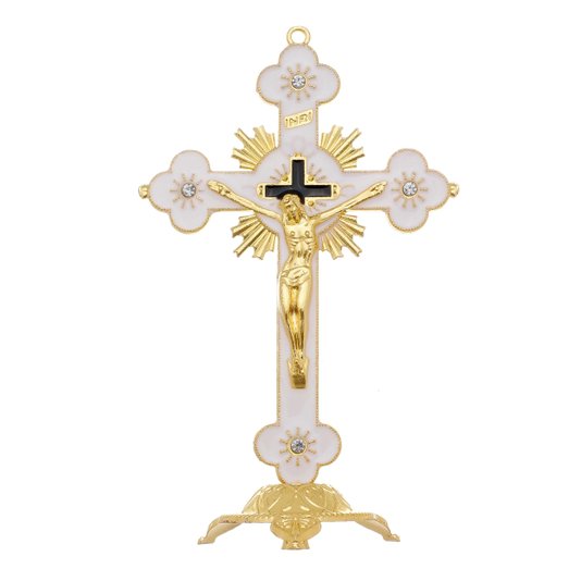 Crucifixo de Mesa com Strass - Branco 13,5cm