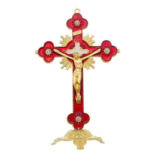 Crucifixo de Mesa com Strass - Vermelho 13,5cm Crucifixo de Mesa com Strass - Vermelho 13,5cm