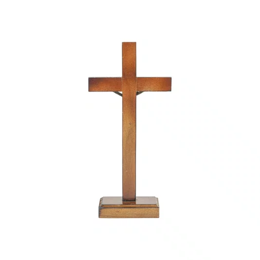 Crucifixo de Mesa Madeira Escura / Cristo e Medalha S.bento 19cm