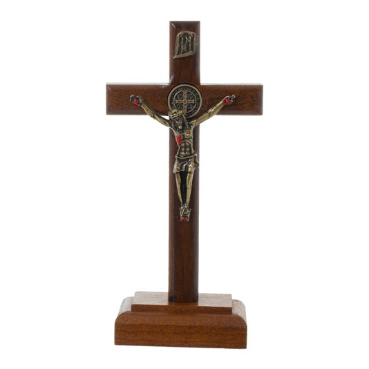 Crucifixo de Mesa ou Parede com Medalha de São Bento em Madeira - 11cm
