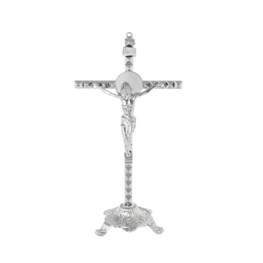Crucifixo de mesa São Bento trabalhado 27cm - Prata