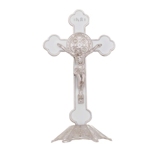 Crucifixo de Metal com São Bento 13cm - Branco