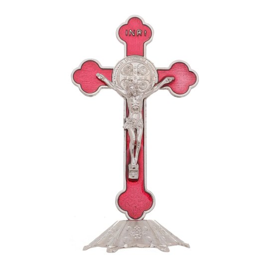 Crucifixo de metal com São Bento 13cm - vermelho
