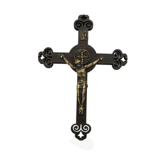 Crucifixo de Parede em Mdf Vazado com Detalhes de Metal - 9cm