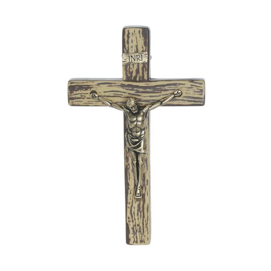 Crucifixo de Parede em Metal Imitando Madeira em Ouro Velho - 12,7cm