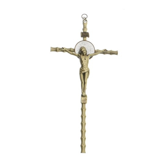 Crucifixo de parede São Bento em metal trabalhado - bronze 21cm
