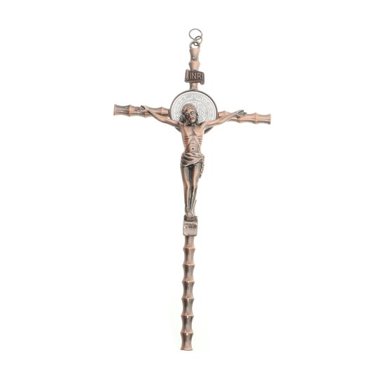 Crucifixo de São Bento em metal trabalhado - cobre 21cm