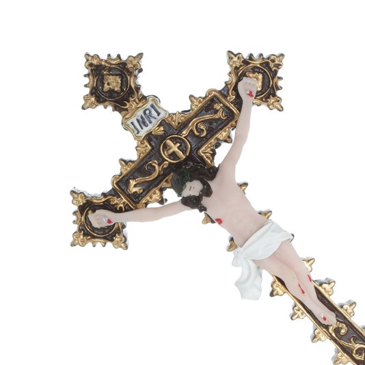 Crucifixo de Mesa em Resina Marrom Escuro e Dourado - 18cm