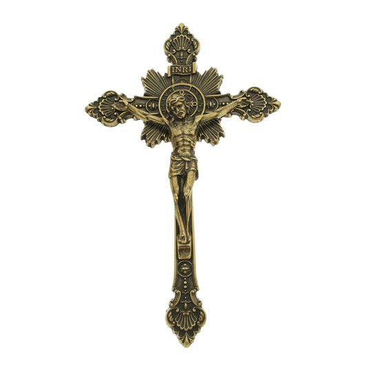 Crucifixo para Parede Trabalhado em Metal - Ouro Velho - 23cm