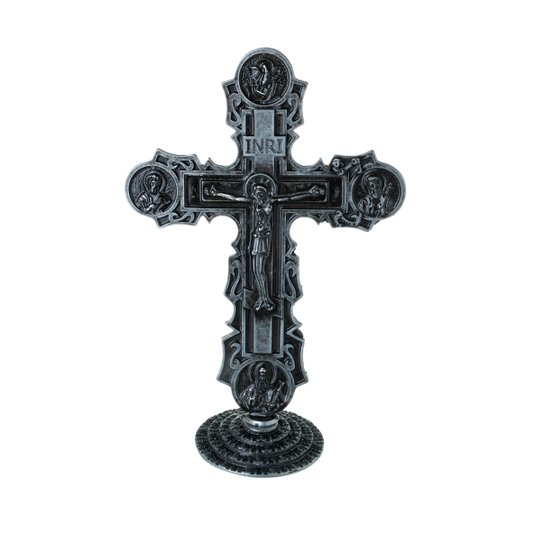 Crucifixo de Mesa em Metal da Santíssima Trindade em Prata Velha - 19cm