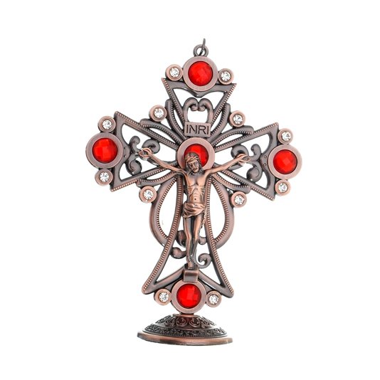 Crucifixo de Mesa com Pedras Vermelhas - Cobre 15cm