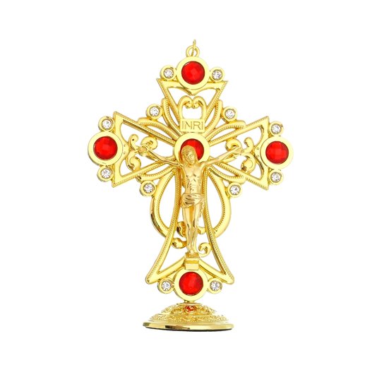 Crucifixo de Mesa com Pedras Vermelhas - Dourado 15cm