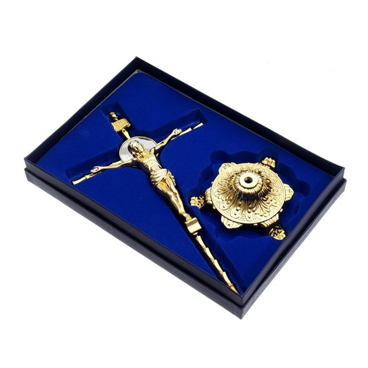 Crucifixo de Mesa São Bento - Dourado 27,5cm