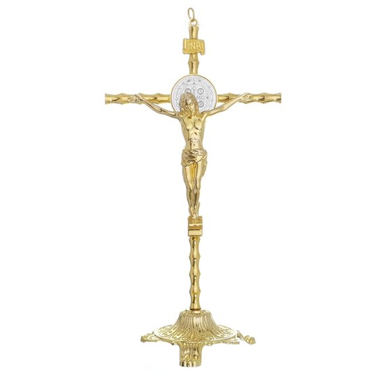Crucifixo de Mesa São Bento - Dourado 27,5cm