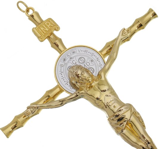 Crucifixo de Mesa São Bento - Dourado 27,5cm