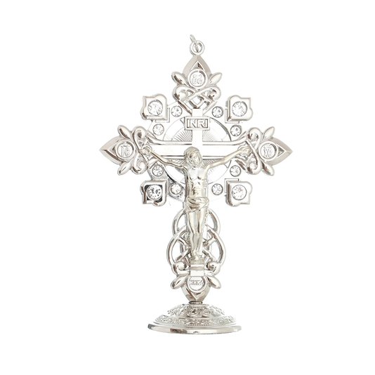 Crucifixo de Mesa com Strass - Prata 14,5cm