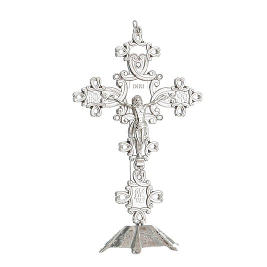 Crucifixo de mesa trabalhado com strass - Prata 21cm