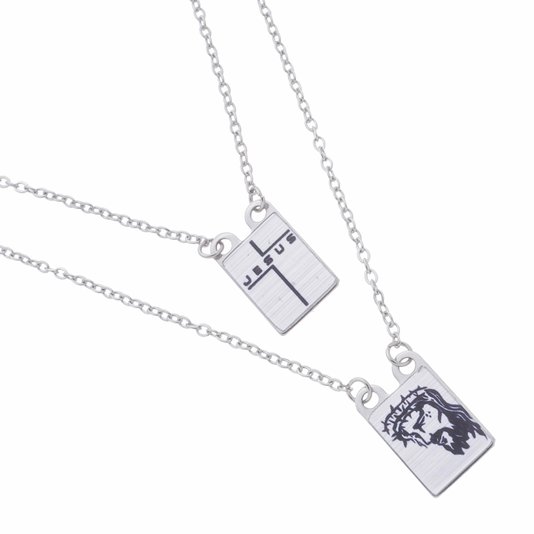 Escapulário com Face de Cristo e Cruz Gravados em Preto - Inox