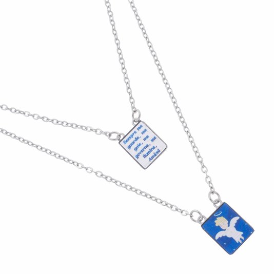 Escapulário do Anjo da Guarda com Oração em Inox - Azul