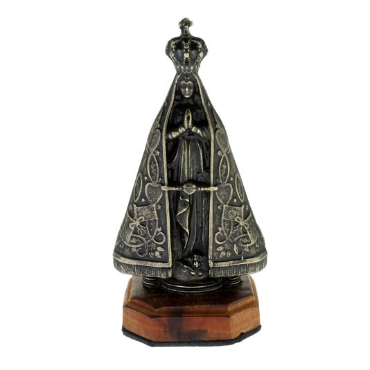 Imagem Decorativa de Nossa Senhora Aparecida em Metal com Base em Madeira 10cm - Ouro Envelhecido