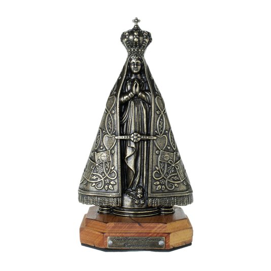Imagem Decorativa de Nossa Senhora Aparecida em Metal com Base em Madeira 19cm - Ouro Envelhecido
