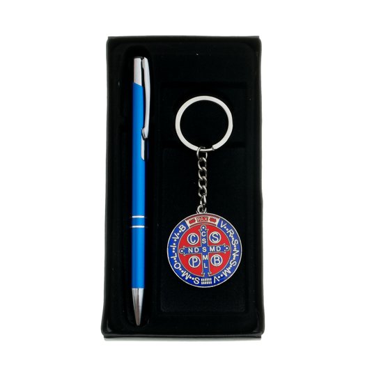 Kit Chaveiro da Medalha de São Bento com Caneta - Azul Escuro
