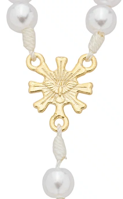 Kit Dezena Divino Espírito Santo Dourado Pérola Abs Branca 8mm 6un