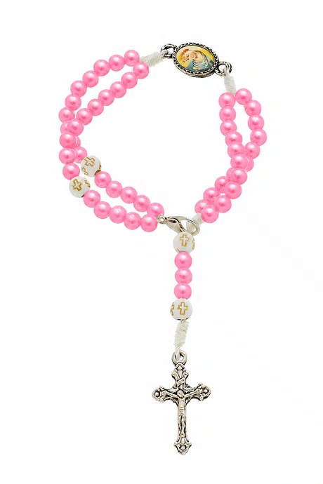 Kit Terço de Pulso de Nossa Senhora de La Salette Pérola Rosa 3un