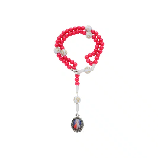 Kit Terço de Pulso de Jesus Misericordioso Vermelho e Conta Cruz - 3Un