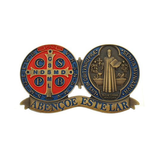 Medalha Decorativa para Parede de São Bento em Metal Colorida - 14,5x8,5cm