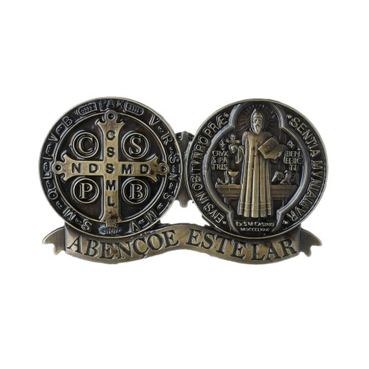 Medalha Decorativa para Parede de São Bento em Metal Ouro Velho - 14,5x8,5cm