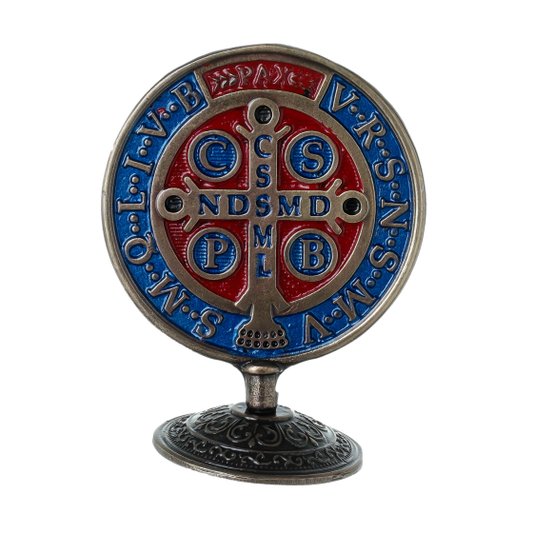 Medalha Decorativa de São Bento Pintada em Metal Envelhecido 9cm