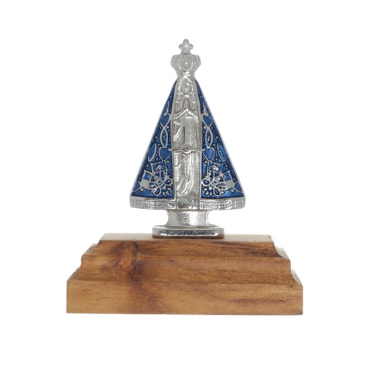 Pedestal de Nossa Senhora Aparecida com Base em Madeira - Prata e Azul - 6cm