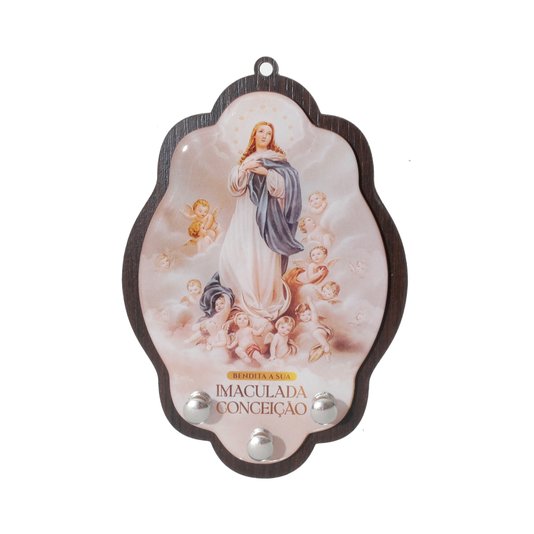 Porta-Chaves de Nossa Senhora da Imaculada Conceição em MDF Marrom Escuro - Resinado