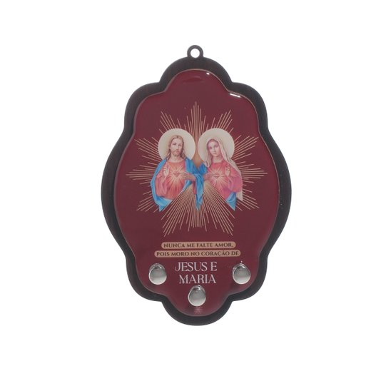 Porta-Chaves dos Sagrados Corações de Jesus e Maria em MDF Marrom Escuro - Resinado