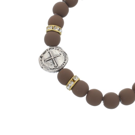 Pulseira da Medalha das Duas Cruzes com Detalhe em Strass - Marrom Escuro - 3Un