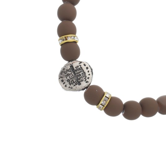 Pulseira da Medalha das Duas Cruzes com Detalhe em Strass - Marrom Escuro - 3Un