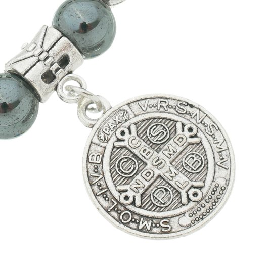 Pulseira com Medalhas de São Bento e Contas de Hematita