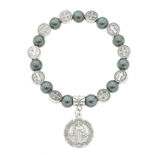 Pulseira com Medalhas de São Bento e Contas de Hematita
