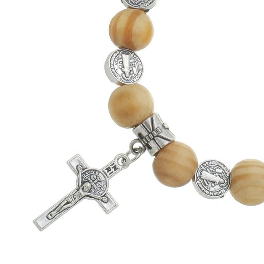 Pulseira com Medalhas de São Bento em Metal e Contas de Madeira