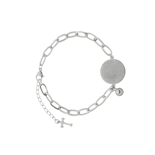 Pulseira com Oração do Pai Nosso e Pingente Redondo em Inox - Prata