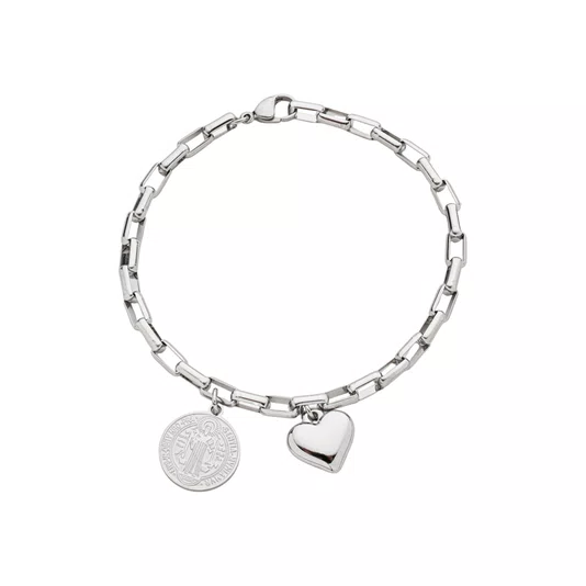 Pulseira Corrente Elos Quadrados com Pingentes Coração e Medalha de São Bento de Inox