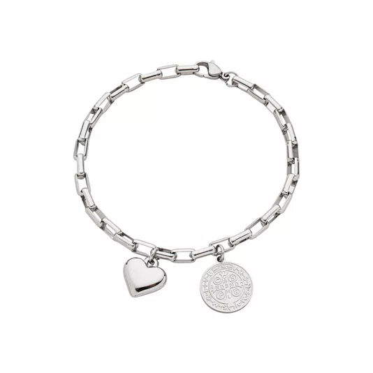 Pulseira Corrente Elos Quadrados com Pingentes Coração e Medalha de São Bento de Inox
