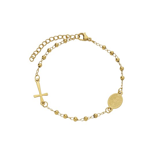 Pulseira da Medalha de São Bento com Contas em Inox - Dourado