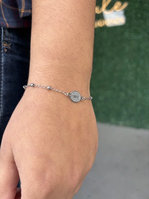 Pulseira da Medalha de São Bento com Contas em Inox - Prata