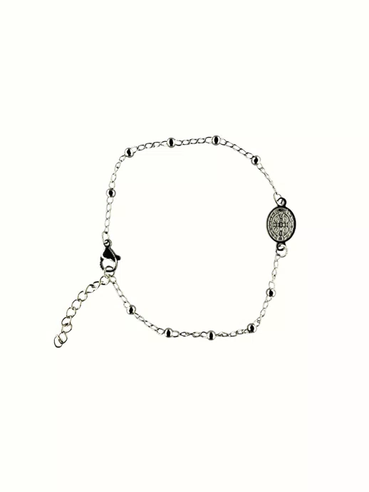 Pulseira da Medalha de São Bento com Contas em Inox - Prata