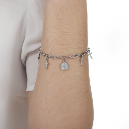 Pulseira da Medalha de São Bento e Cruz em Inox - Prata