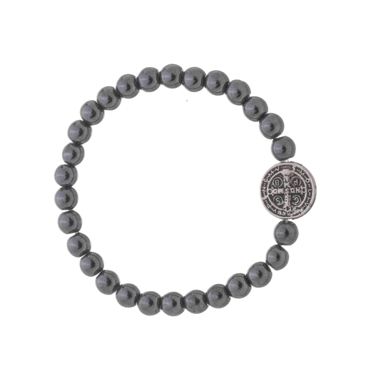 Kit Pulseira da Medalha de São Bento em Hematita e Elástico - 2Un