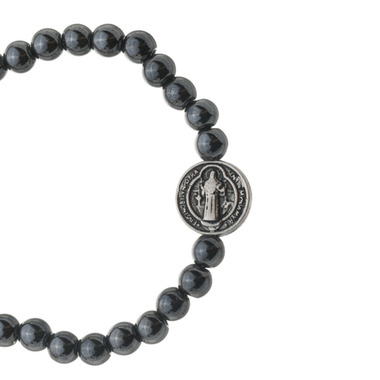 Kit Pulseira da Medalha de São Bento em Hematita e Elástico - 2Un